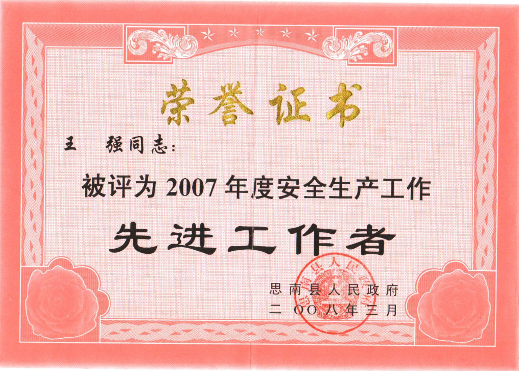 王強，2007年安全生產先進工作者